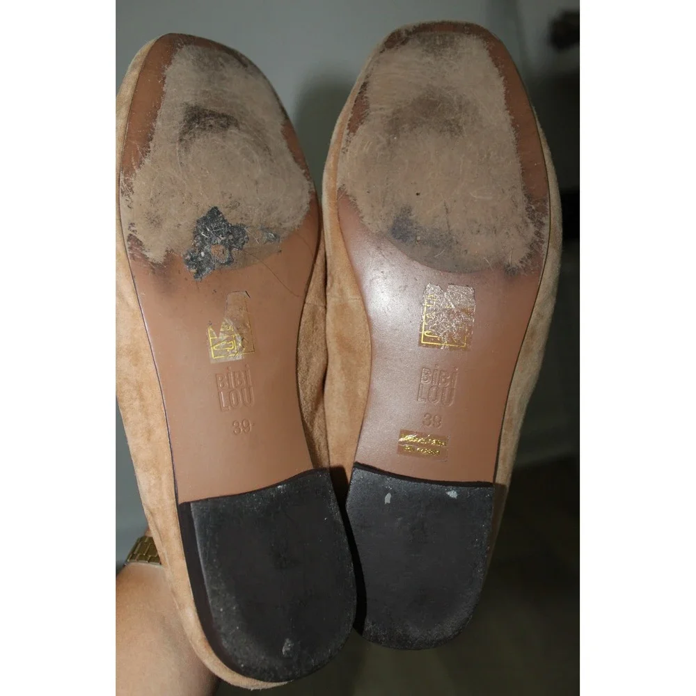 Bibi Lou Tan Soft Suede Horsebit Loafers Gold Hardware Size 39‎ Anthropologie